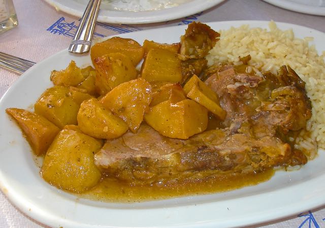 greek food, lamb roasted with potatoes
