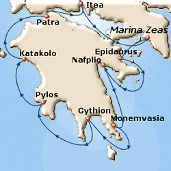 Map of the cruise from Athens that sails round the Peloponnese and includes a visit to Delphi as well.