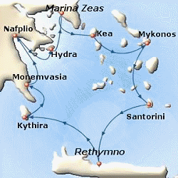 Map of 7-day Classical Greece cruise: round trip from Piraeus to Kea (Tzia), Delos, Mykonos, Santorini, Heraklio, Rethymno, Monemvasia, Nafplio and Spetses
