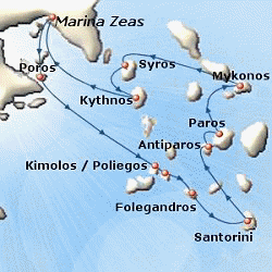 Map of 7-day Classical Greece cruise: round trip from Piraeus to the Greek islands of Poros, Poliegos, Folegandros, Santorini, Antiparos, Paros, Mykonos, Syros and Kythnos