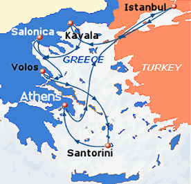 Map of 7-day cruise, round trip from Piraeus port of Athens to Istanbul, Kavala, Thessaloniki, Volos and Santorini.