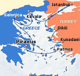 Map of 7-day cruise, round trip from Piraeus (Athens) to Istanbul, Dikili, Kusadasi, Salonica, Kavala and Patmos.