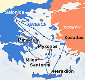 Map of 7-day cruise, round trip from Piraeus (Athens) to Crete, Santorini, Milos (Melos), Mykonos and Kusadasi.